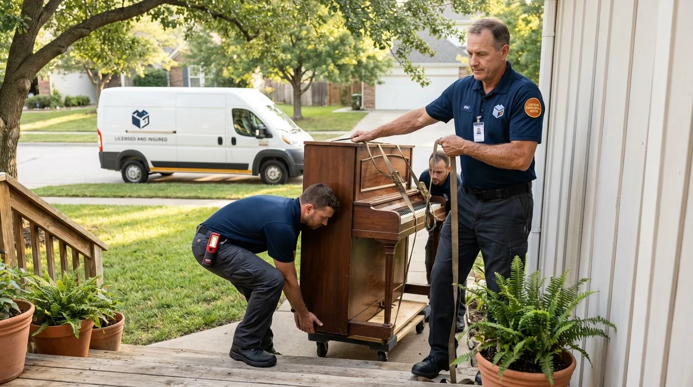 Licensed piano movers securing grand piano in West Warwick, RI