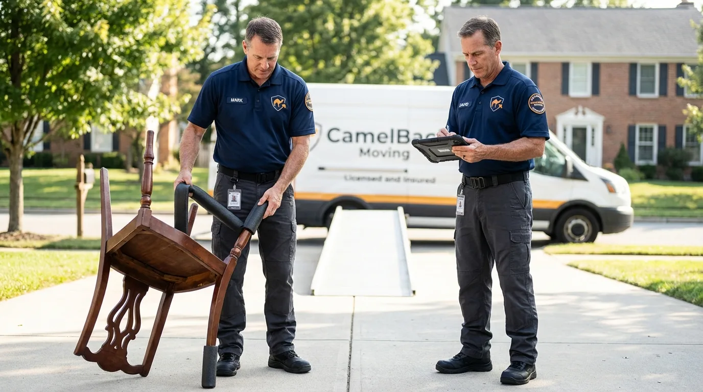 Movers inspecting furniture for damage prevention before loading in West Warwick, RI