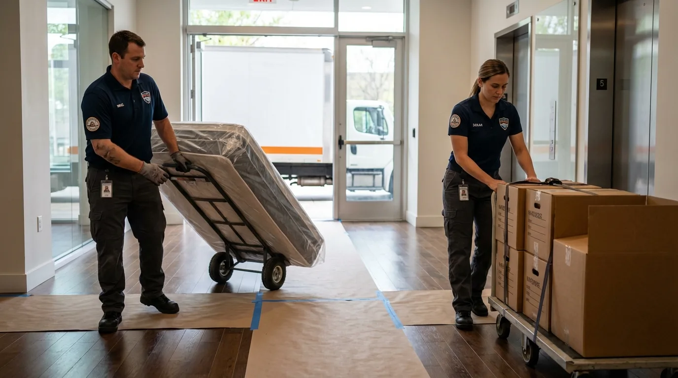 Professional apartment movers loading elevator in West Warwick, RI