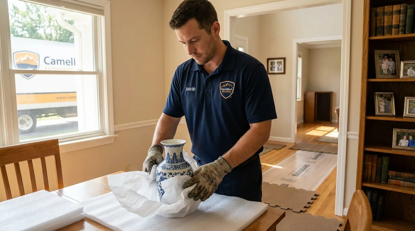 Professional crew carefully wrapping antique vase for senior downsizing move in West Warwick, RI