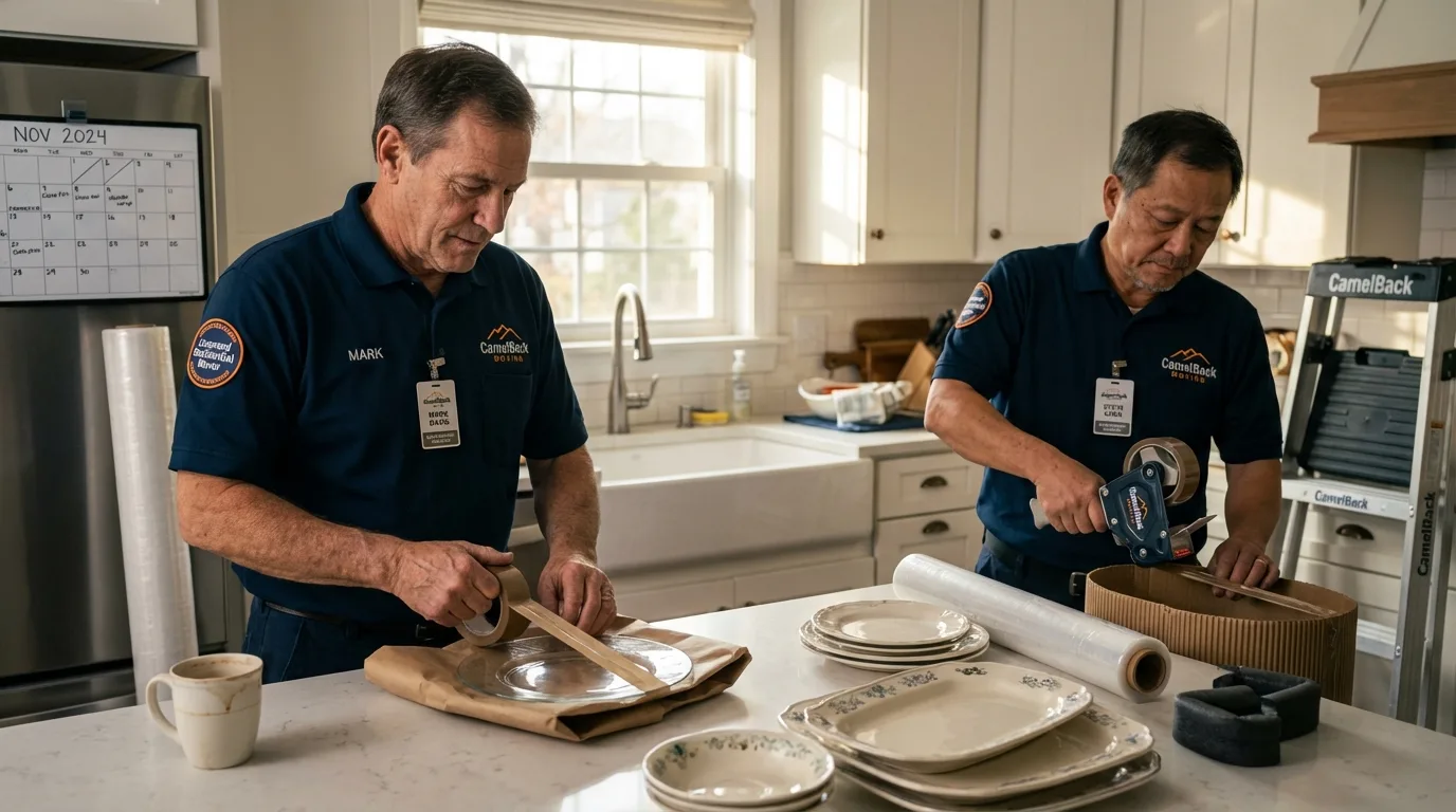Professional crew packing kitchen dishware in West Warwick, RI